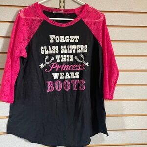 L B LIFE Women's Black Pink Lace Raglan Shirt Western Cowgirl Boots Graphic XL